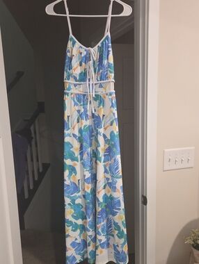Grace Karin White with Blue and Green Tropical Print Dress